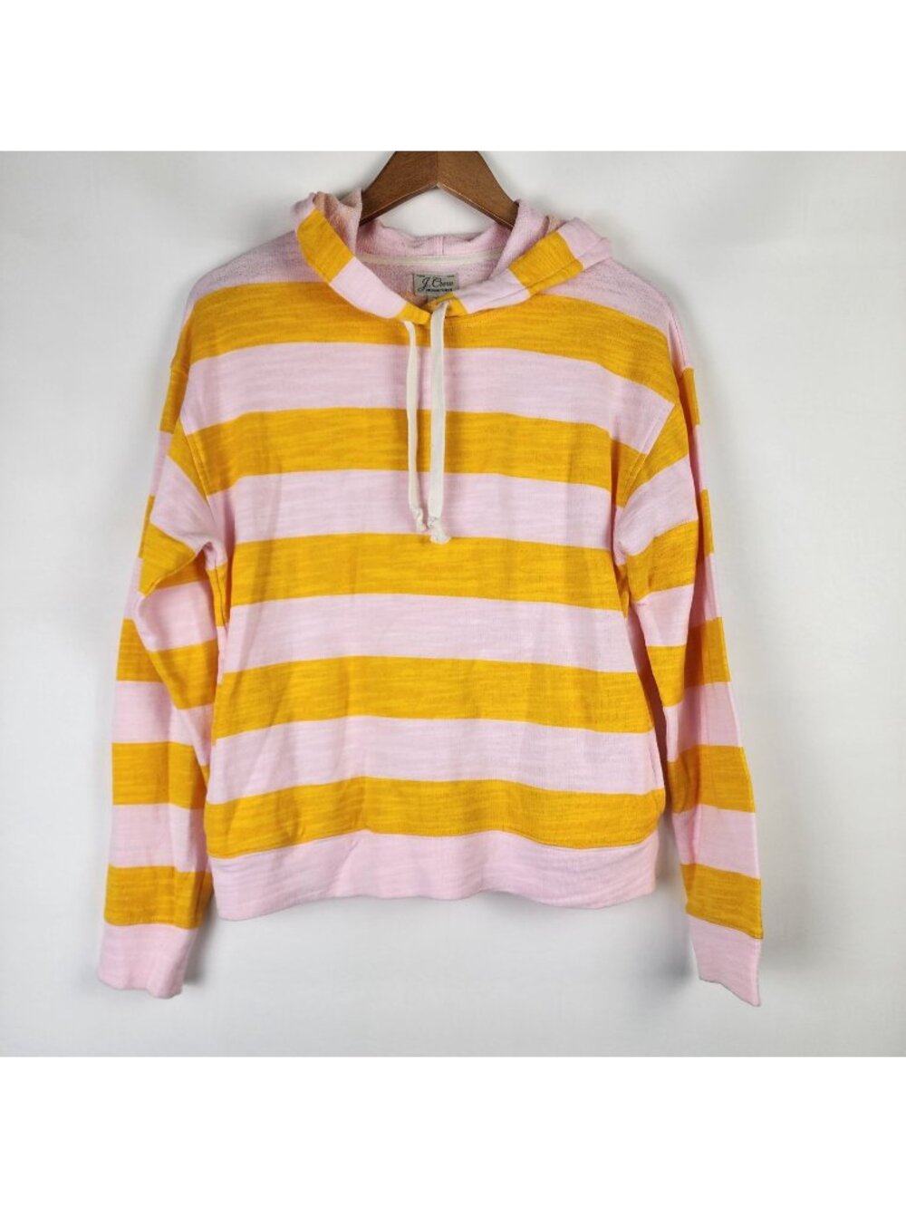 J. Crew Vintage Fleece Pink Yellow Striped Pullover Drawstring Hoodie XS X Small